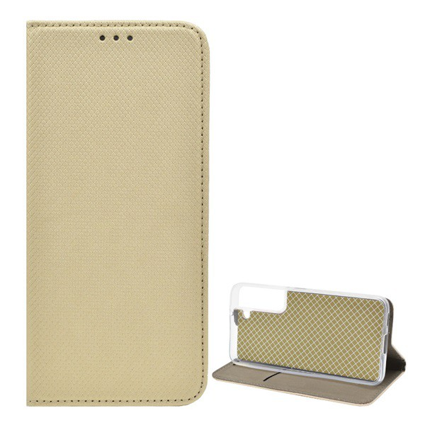 Tok álló, bőr hatású (FLIP, oldalra nyíló, asztali tartó funkció, rombusz minta) ARANY [Samsung Galaxy S22 5G (SM-S901)] (5996591124445)