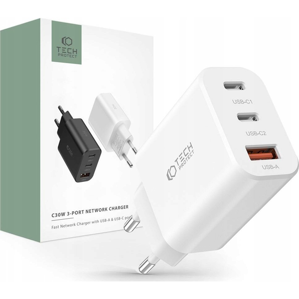 Tech-Protect NC30W charger 2x USB-C PD 30W / USB-A QC 3.0 - white