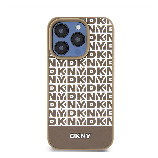 DKNY PU Leather Repeat Pattern Bottom Stripe Apple iPhone 15 Pro Max Magsafe kompatibilis hátlap tok, barna (3666339262105)