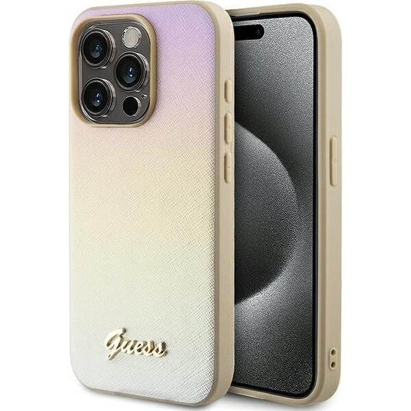 Guess PU Leather Iridescent Metal Script kryt pro iPhone 15 Pro - Zlatá