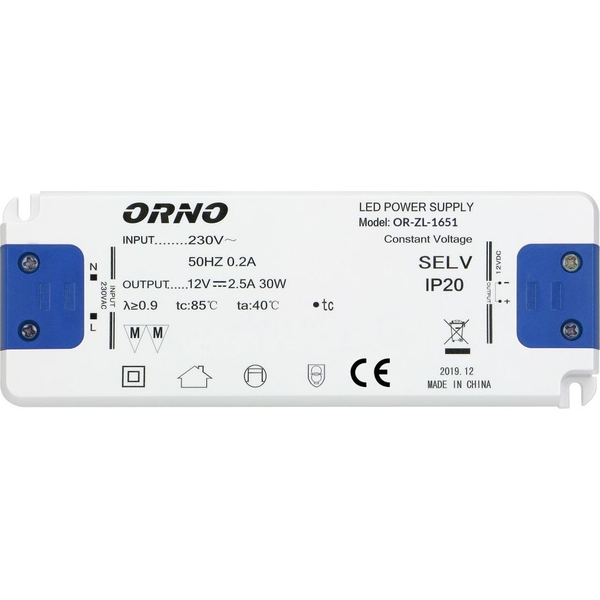 Orno Lapos Tápegység LED 12Vdc 30 W, IP20, Magasság 18 mm