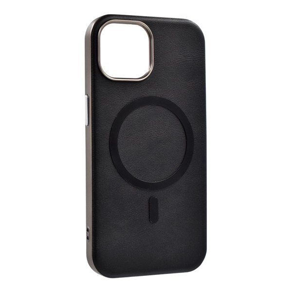 Szilikon telefonvédő (ECO bőr hatású hátlap, karcolásmentesítő belső, fém kameravédő, MagSafe, prémium) FEKETE Apple iPhone 15 Pro Max "Gigapack csomagolás" (GP-170094)