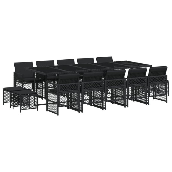 Set mobilier de grădină cu perne, 15 piese, negru, poliratan