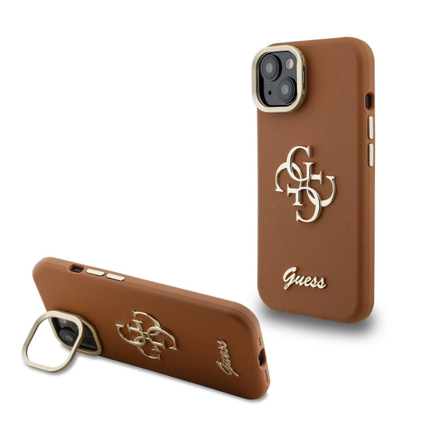 Guess PU domborzott 4G Logo álló kamerakeretes tok iPhone 15 készülékhez barna
