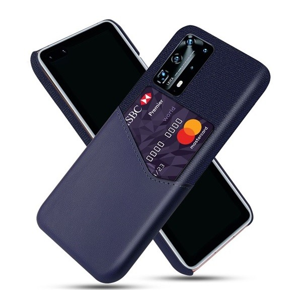 Huawei P40 Pro, Műanyag hátlap védőtok, közepesen ütésálló, textil bevonat, bőrhatású hátlap, kártyatartóval, sötétkék (G99081)