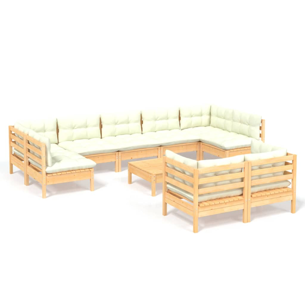 Set mobilier grădină cu perne crem, 10 piese, lemn masiv de pin