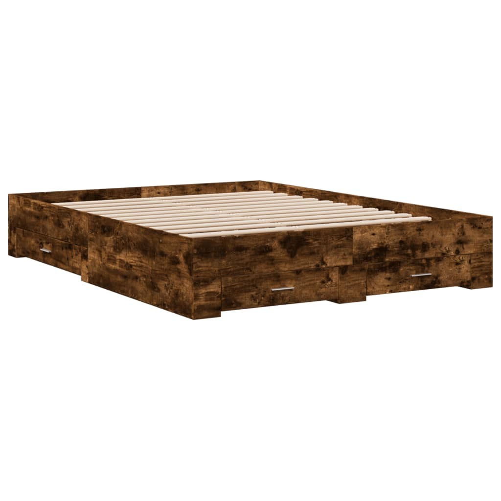 füstös tölgyszínű szerelt fa ágykeret fiókokkal 150x200 cm (3280381)