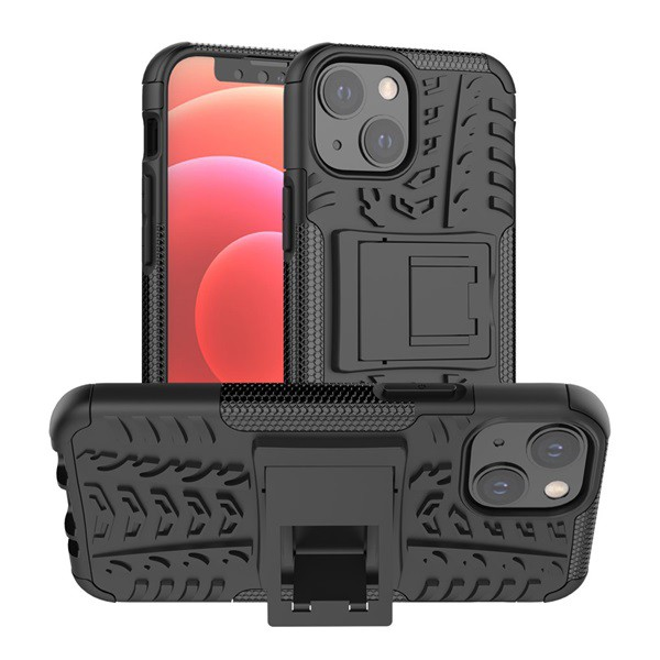 Defender műanyag telefonvédő (közepesen ütésálló, szilikon belső, kitámasztó, autógumi minta) FEKETE [Apple iPhone 13 mini] (5996591102610)