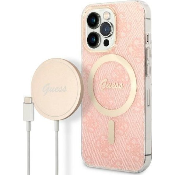 CG MOBILE GUESS 4G műanyag telefonvédő (textil hátlap, MagSafe + wireless töltő, 15W) RÓZSASZÍN Apple iPhone 13 Pro (GUBPP13LH4EACSP)