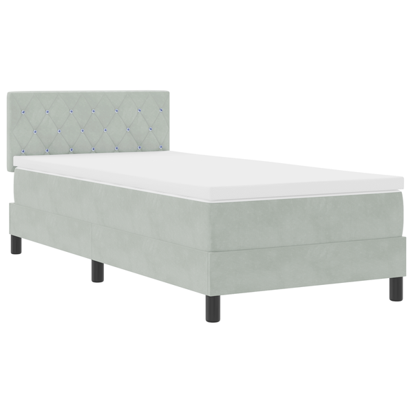Pat box spring cu saltea & LED, gri deschis, 90x190 cm, catifea