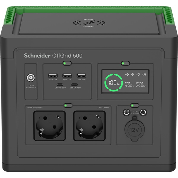 Schneider tragbare OffGrid Powerstation 500 (schwarz/grün, Lithium-Ionen Akku 517Wh, 2x 230V 500W, 3x USB-A, 2x USB-C PD)