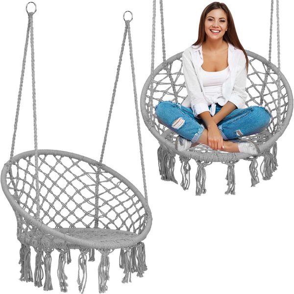 Függőszék, Sofotel Boho, szürke, 80 x 63 cm ülés, fém váz, 100 cm poliészter–pamut kötél, 150 kg teherbírás, beltéri/kültéri