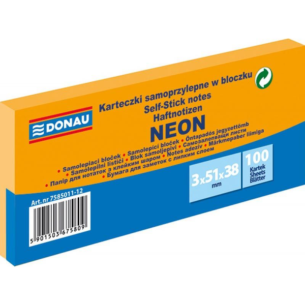  Donau BLOCZEK SAMOPRZYLEPNY, DONAU, 38X51MM, 100K, NEON POMARAŃCZOWY,3SZT 7585011-12