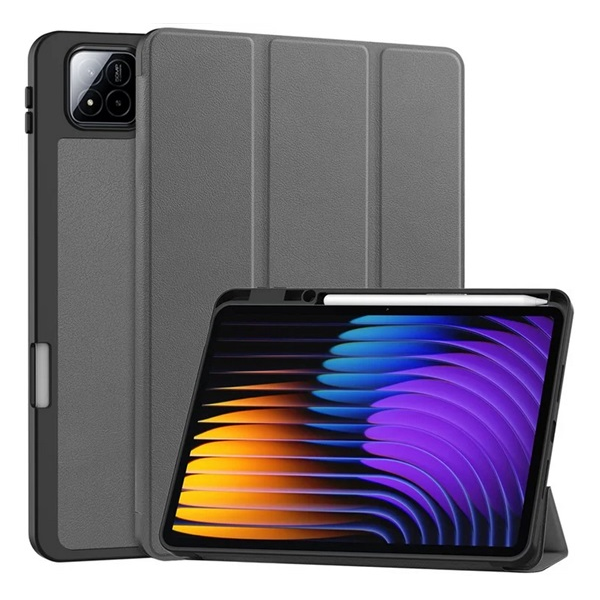 gigapack Tok álló, bőr hatású (aktív FLIP, oldalra nyíló, TRIFOLD, asztali tartó, ceruza tartó) SÖTÉTSZÜRKE Xiaomi Pad 7 Pro / Pad 7 " csomagolás" (GP-168365)