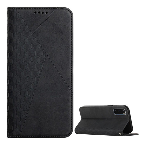 Tok álló, bőr hatású (FLIP, oldalra nyíló, asztali tartó funkció, 3D rombusz minta, prémium) FEKETE [Samsung Galaxy S20 (SM-G980F)] (5996591103167)