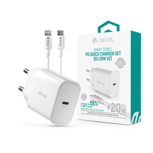 Devia Smart Series PD USB-C Hálózati töltő + USB-C - Lightning kábel - Fehér (20W)