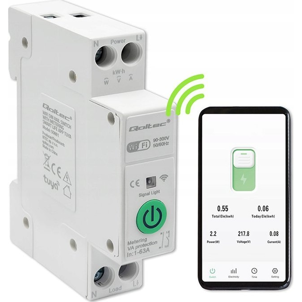  Qoltec Przekaźnik Wi-Fi 63A na szynę DIN z licznikiem energii elektrycznej | TUYA | SMART LIFE