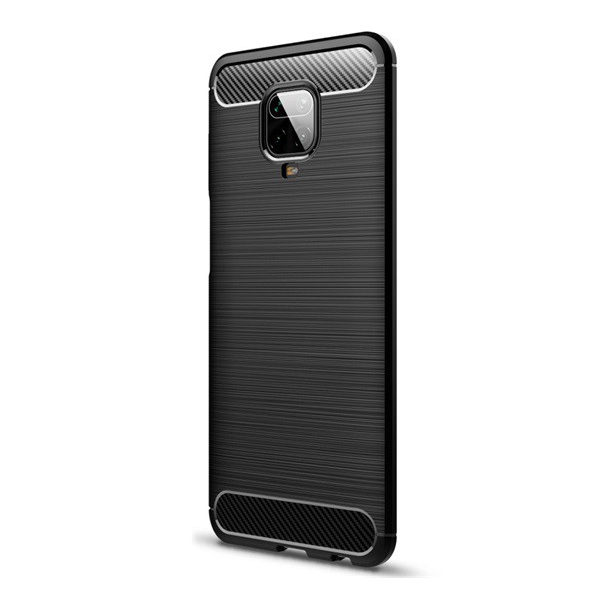 Szilikon telefonvédő (közepesen ütésálló, légpárnás sarok, szálcsiszolt, karbon minta) FEKETE [Xiaomi Redmi Note 9 Pro] (5996457957125)
