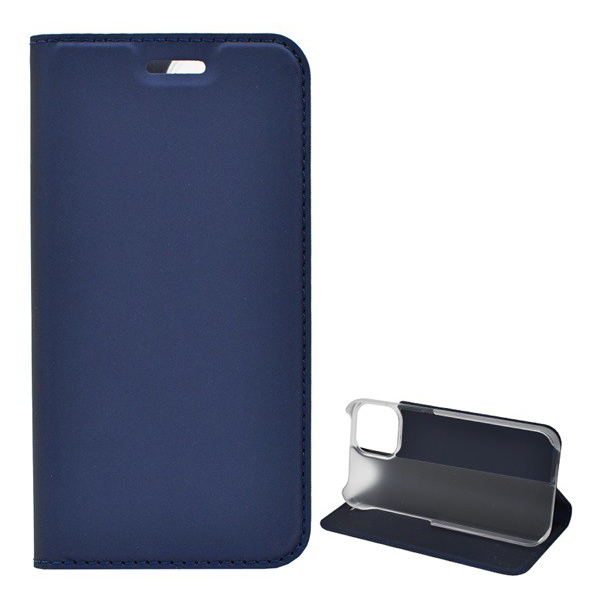 Tok álló, bőr hatású (FLIP, oldalra nyíló, asztali tartó funkció) SÖTÉTKÉK [Apple iPhone 13 mini] (5996591109930)