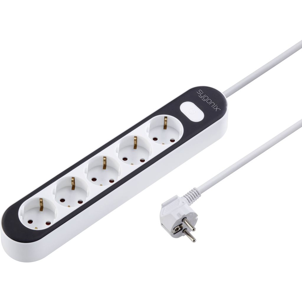 Sygonix SY-4538272 Elosztó kapcsolóval 5 részes Fehér, Fekete Védőérintkezős 1,4m (SY-4538272)