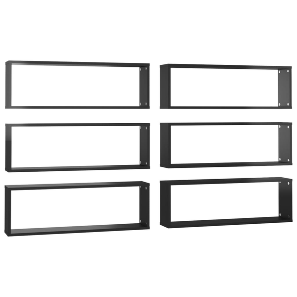 Rafturi de perete cub 6 buc negru extralucios 80x15x26,5 cm PAL