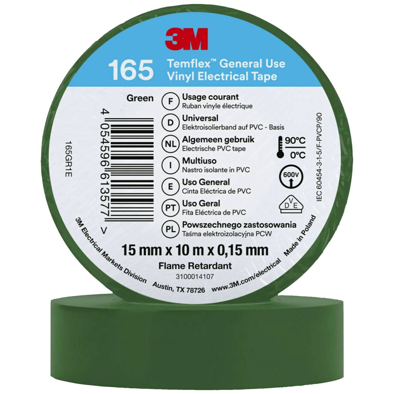 3M Temflex 165 165GR1E vinil szigetelőszalag, zöld, 10 m x 15 mm (165GR1E)