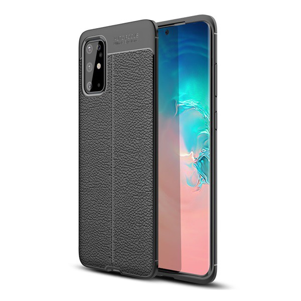 Szilikon telefonvédő (közepesen ütésálló, bőr hatású, varrás minta) FEKETE [Samsung Galaxy S20 Plus 5G (SM-G986)] (5996457929528)