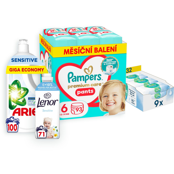 PAMPERS csomag VI (6-os méretű pelenka - 93 darab, nedves törlőkendő, mosógél és öblítő)