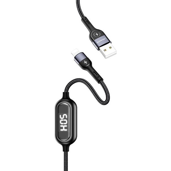 Usams U48 adatkábel (USB - lightning, 2A, gyorstöltő, 120cm, törésgátló, LED kijelző) FEKETE Apple iPhone 14 Plus / iPhone 14 Pro / iPhone 14 (SJ423USB01)