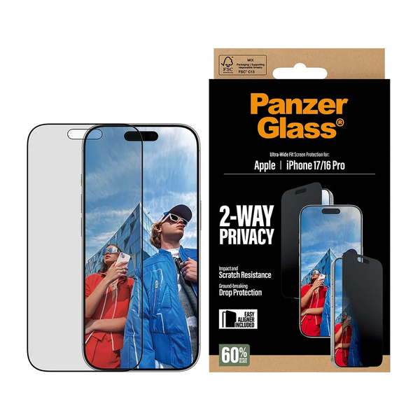 PanzerGlass ® 2-Way Privacy Screen Protector iPhone 17 | iPhone 16 Pro | Ultra-Wide Fit w. EasyAligner Klar skærmbeskytter Apple 1 stk