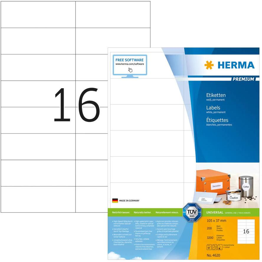 HERMA Etiketten Premium A4 weiß 105x37 mm Papier 3200 St. (4620) (4620)