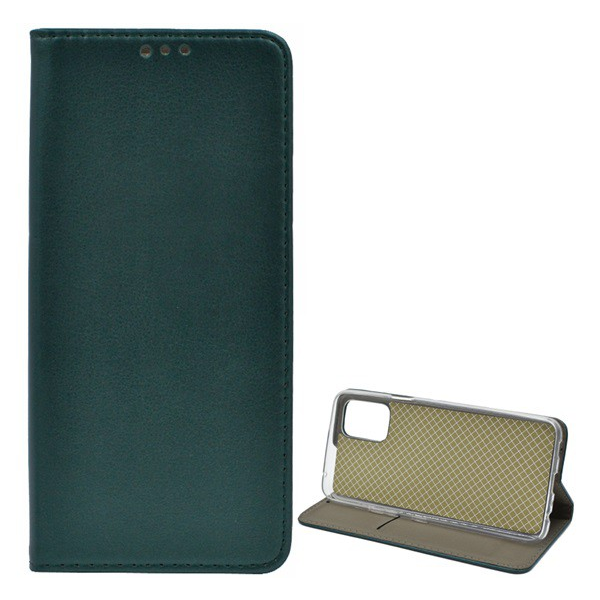 Tok álló, bőr hatású (FLIP, oldalra nyíló, asztali tartó funkció) SÖTÉTZÖLD [LG K62 (LMK525)] (5996591044064)