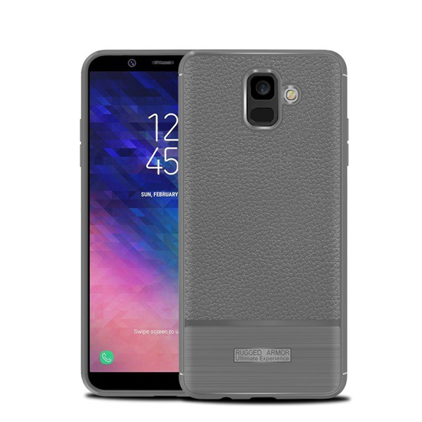 Szilikon telefonvédő (közepesen ütésálló, bőr hatású, szálcsiszolt) SZÜRKE [Samsung Galaxy A6 (2018) SM-A600F] (5996457776337)