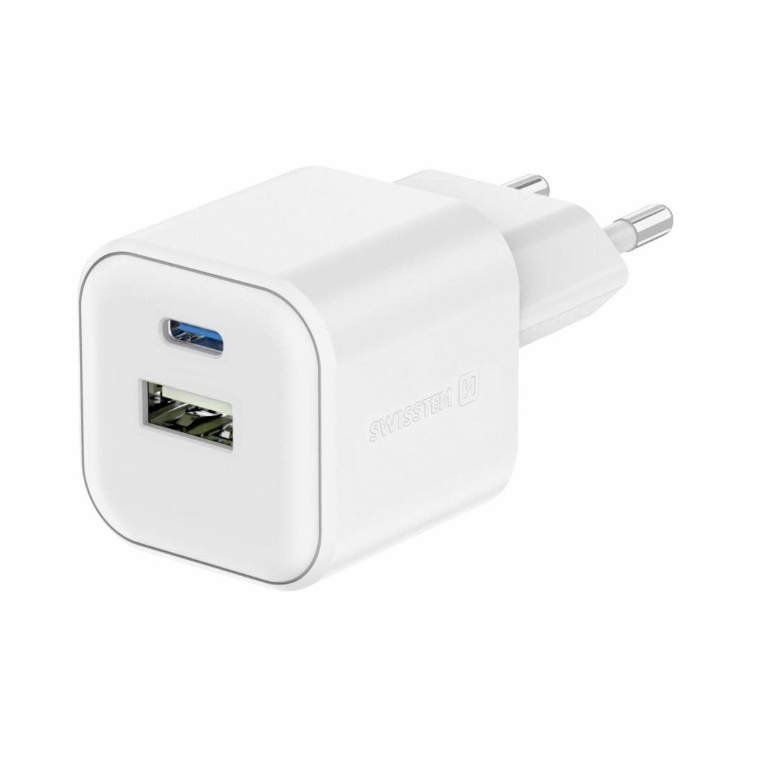 Swissten GaN 1x USB-C 20W PD töltőfej + 1x USB-A 18W QC fehér (22071100)