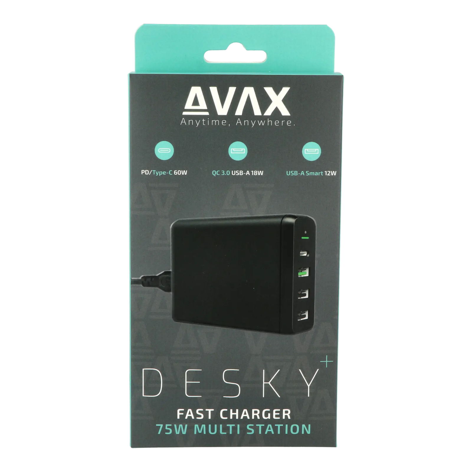 AVAX DC611 DESKY+ 3x USB Type-A / 1x USB Type-C Hálózati töltő - Fekete (75W) (5999574480668)