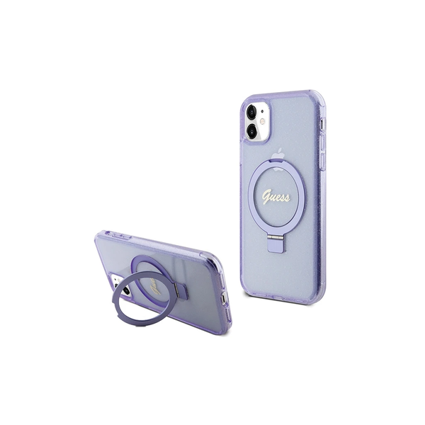 Guess GUHMN61HRSGSU iPhone 11 / Xr 6.1 készülékhez kemény tok Ring Stand Script Glitter MagSafe lila