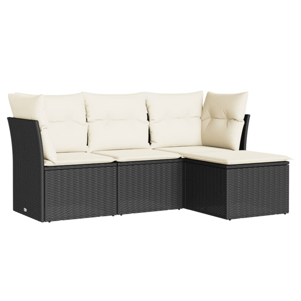 Set mobilier de grădină cu perne, 4 piese, negru, poliratan
