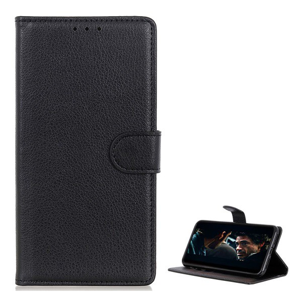 Tok álló, bőr hatású (FLIP, oldalra nyíló, asztali tartó funkció, prémium) FEKETE [LG Velvet (G910E)] (5996457993574)