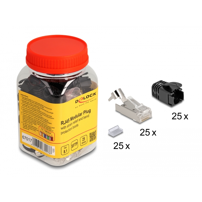 Delock RJ45 Moduláris csatlakozó feszültség mentesítővel Cat.8.1 és hajlítás védő papucsokkal 25 db.-os szett (67017) (67017)