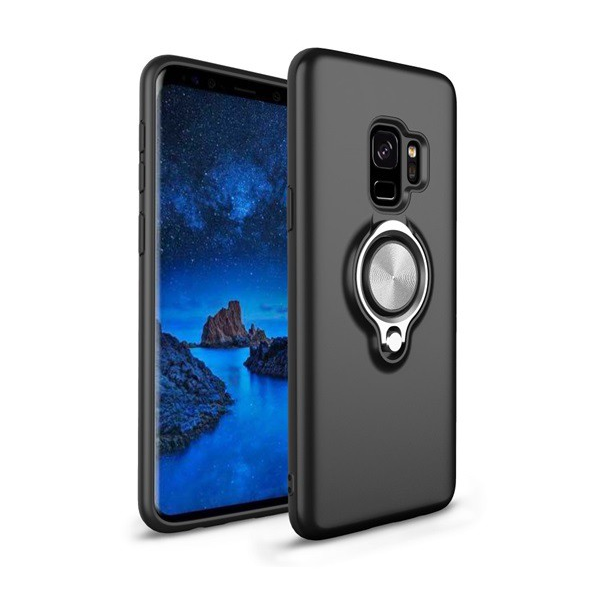 Műanyag telefonvédő (szilikon belső, közepesen ütésálló, telefontartó gyűrű, 360°-ban forgatható) FEKETE [Samsung Galaxy S9 (SM-G960)] (5996457755745)