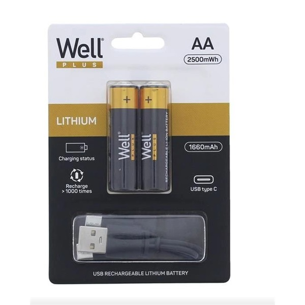 WELL Újratölthető Lithium Ceruzaelem AA USB-C 1660mAh (2db / csomag) (ACCU-14500/166C-BL2-WL)