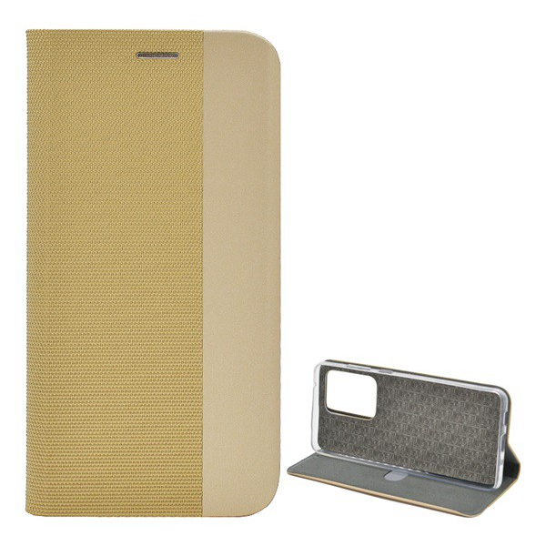 Tok álló, bőr hatású (FLIP, oldalra nyíló, asztali tartó funkció, textil minta) ARANY [Samsung Galaxy S20 Ultra 5G (SM-G988B)] (5996457960415)