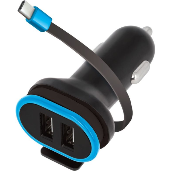 Forever CC-02 Autós Töltő 2x USB-A + USB-C Kábellel 0,2m 3A - Fekete