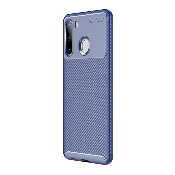 Samsung Galaxy A21 SM-A210F, Szilikon tok, közepesen ütésálló, légpárnás sarok, karbon minta, kék (G96163)