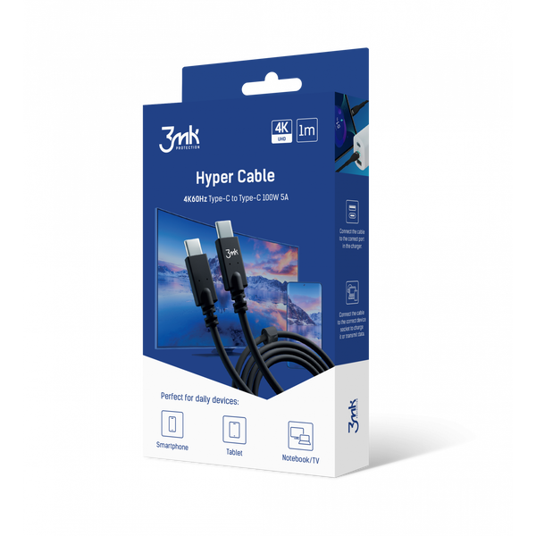 Kábel 3mk USB typ C - USB typ C 1 m čierny