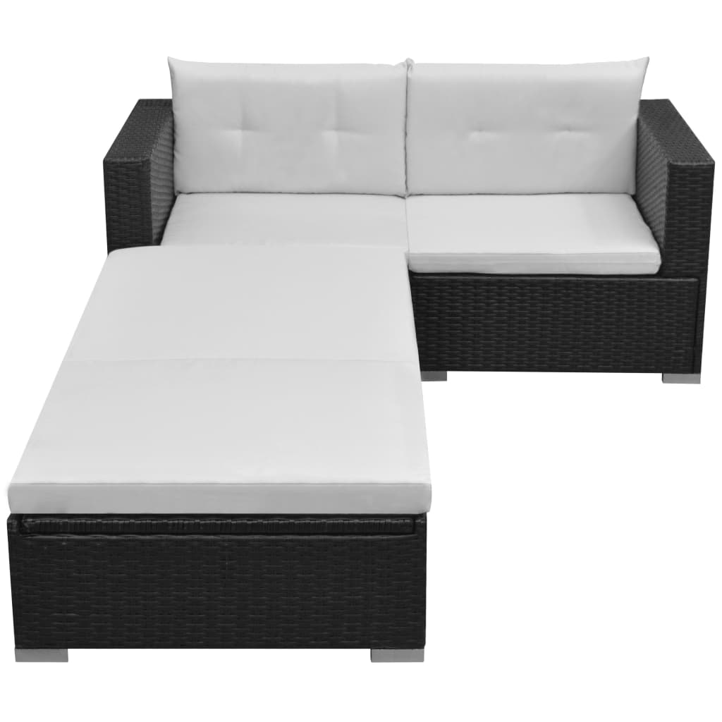 3-részes fekete polyrattan kerti bútorszett párnákkal (42748)