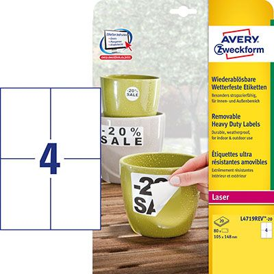 Avery-Zweckform L4719-20 105 x 148 mm Poliészter fólia Fehér 80 db Véglegesen tapadó Fólia címkék Lézer, Másolat (L4719-20)