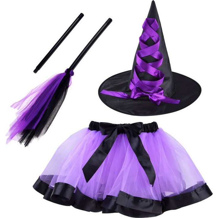 Boszorkány Jelmez Kalappal és Seprűvel Lila Színben 3-6 éves Korig (ZA4806 FI)