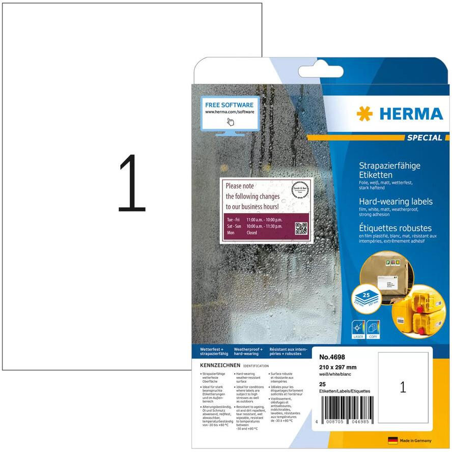 HERMA Etik. strapazierf. A4 weiß 210x297 mm Folie 25 St. (4698) (4698)