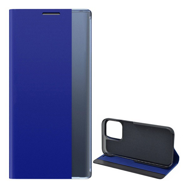 Tok álló, textil hatású (aktív FLIP, oldalra nyíló, asztali tartó funkció, Smart View Cover) SÖTÉTKÉK [Apple iPhone 13 Pro Max] (5996591124964)